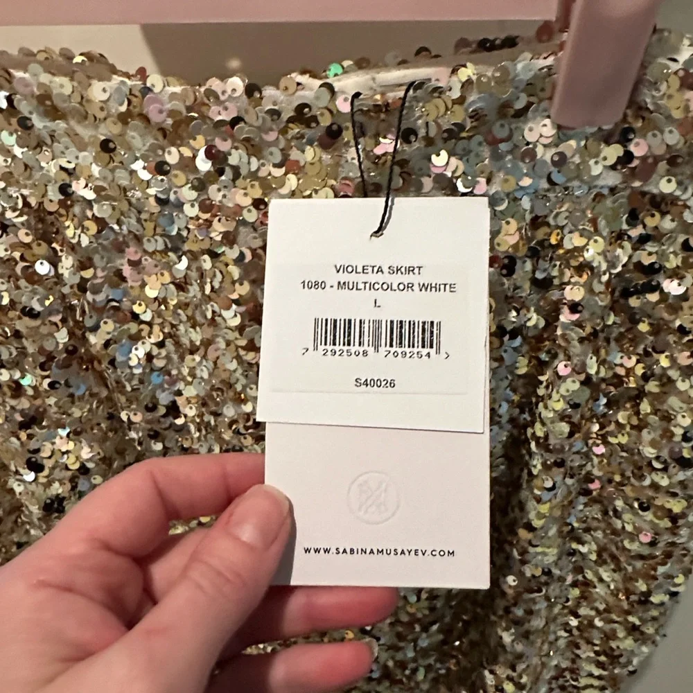 NWT Sabina Musayev Violeta Skirt - white / gold / silver sequins - size large - Picture 5 of 8